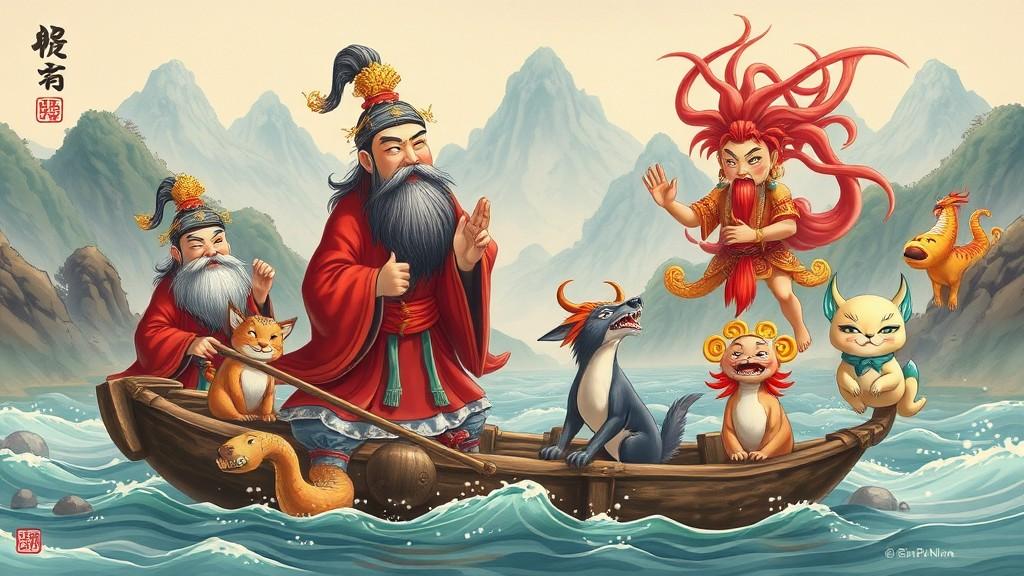 A whimsical depiction of ancient figures and mythical creatures on a boat journey through a mountainous landscape.