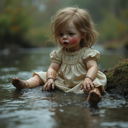 A 20-year-old beautiful ball-jointed doll abandoned in a river. The doll looks dirty and broken. Its expression shows sadness and tears. The environment is a natural river setting with soft lighting.