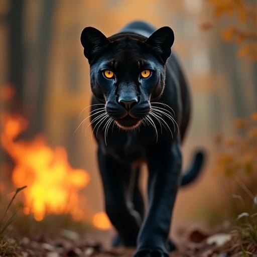 Panther with a half burnt face walks towards the camera. Burning forest in the background creates a dramatic effect.