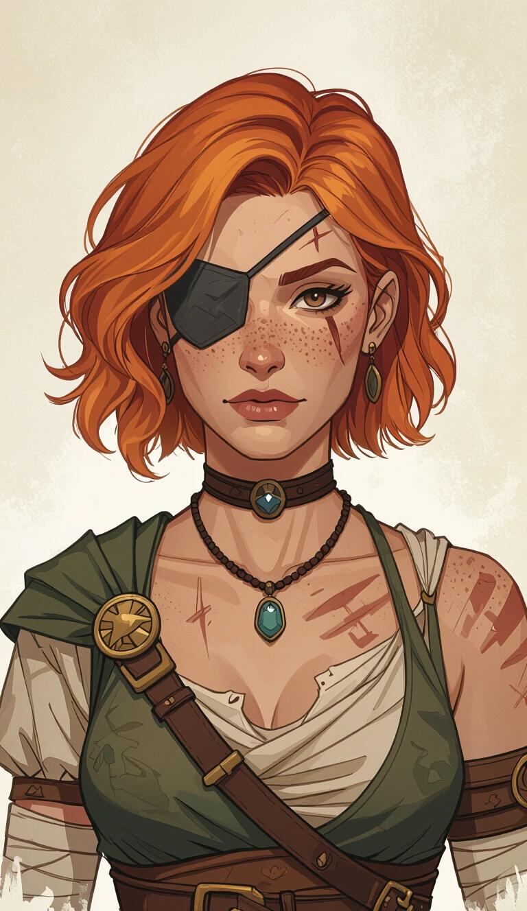 Dark acrylic illustration of a mid-30 aged woman fighter with strawberry blonde hair in beach waves. Brown eyes with one eye patch. Visible battle scars on chin and neck. Bandaged chest. Wears a necklace with a single stone. Dressed in ancient Greek-style clothing. Dungeons and Dragons theme. Candid and natural look. Dirty face.