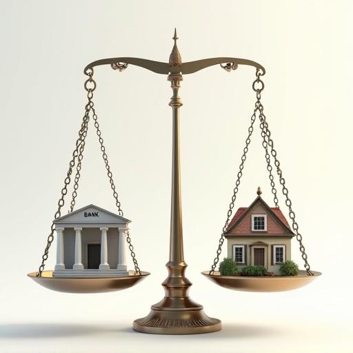 Digital illustration of a balanced scale with chains. Left pan holds a modern bank building with 'BANK' logo. Right pan holds a large Victorian-style house. Both pans level and symmetrical. Minimalist background with soft gradients.