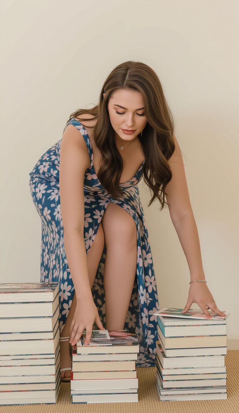 Beautiful woman bending over to pick up books. Woman in blue floral dress adjusting books. Indoor setting with light background.