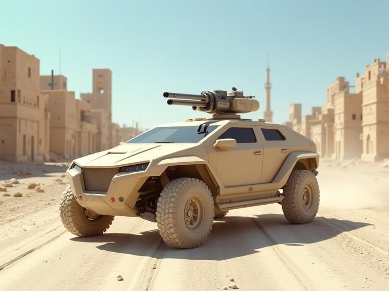 Image of a sleek military jeep in a beige color with polygonal shapes. Mounted gun on top. Set in a sunny desert with stone ruins and a blue sky. Emphasis on realism and details with dust in the air.