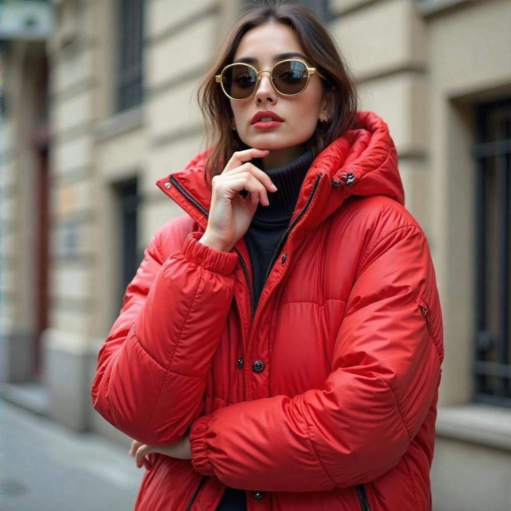 A person wearing a red puffer jacket and sunglasses poses with their hand on their chin in an urban setting.