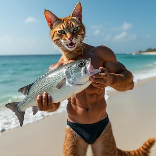 Ultra-realistic image of a kitty with fitness model body on the beach. He wears tight swim briefs and holds a large silver fish. A muscular cat photobombs with a goofy smile. His paw accidentally covers part of the lens.