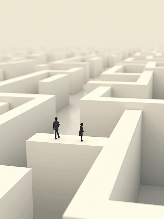 Minimalist illustration showing tiny humans in a maze from above. The composition features oversized objects with vast negative space and a clean background. The style is surreal and contemporary with a grain texture and poetic tone.