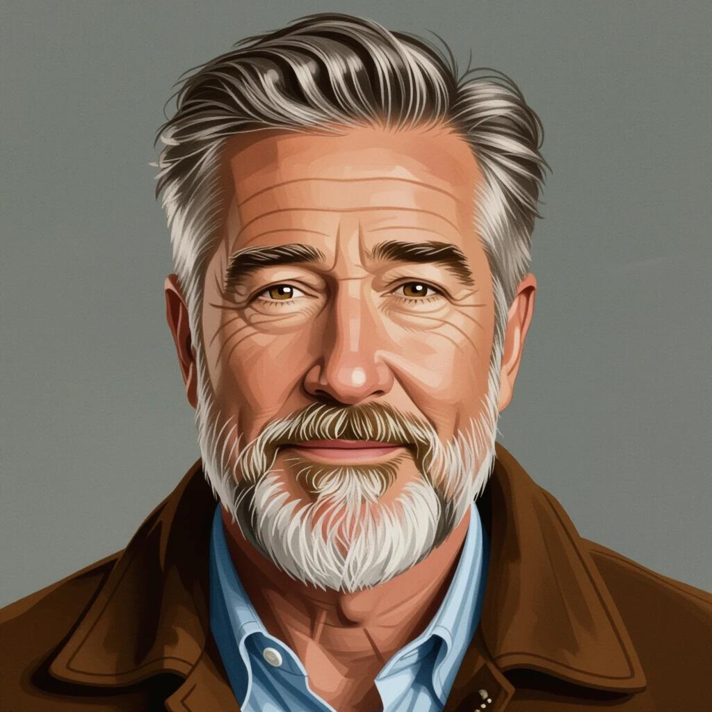 Portrait of a male figure wearing a brown jacket and light blue shirt. Hair is gray and styled back. Background is a solid muted color. Individual appears confident and mature. No facial details displayed.