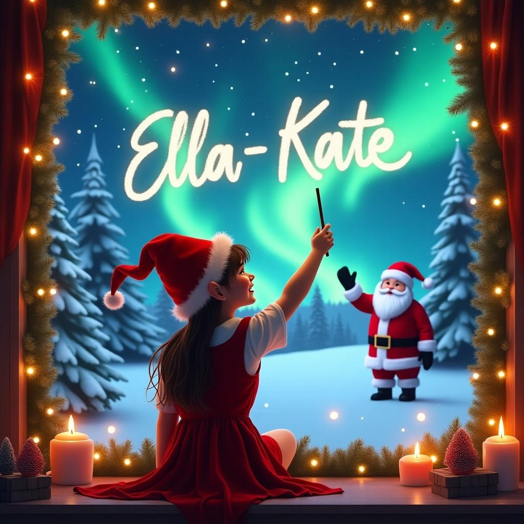 A girl elf is seated with her back to the viewer, facing a magical sky. She is using a wand to write the name Ella-Kate in the air. The background features a snowy landscape illuminated by vibrant northern lights. In the distance, Santa Claus is waving cheerfully. Cozy holiday decorations frame the view from the window, adding to the festive atmosphere. The scene is enchanting and captures the spirit of Christmas beautifully.