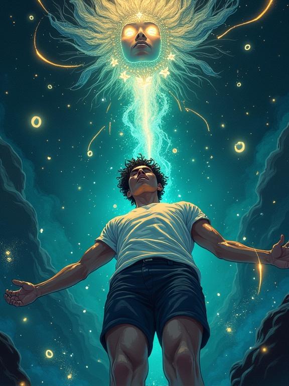 Young Dominican man floating unconscious in dark dimensional space. Wearing wet white t-shirt and dark shorts. Surrounded by glowing magical runes, neon energy rings, droplets of water, blue and green lights. Majestic divine face above with glowing eyes and long hair made of light. Radiant golden ring descending toward him. Space feels endless and mystical like cosmic storm of light and water.