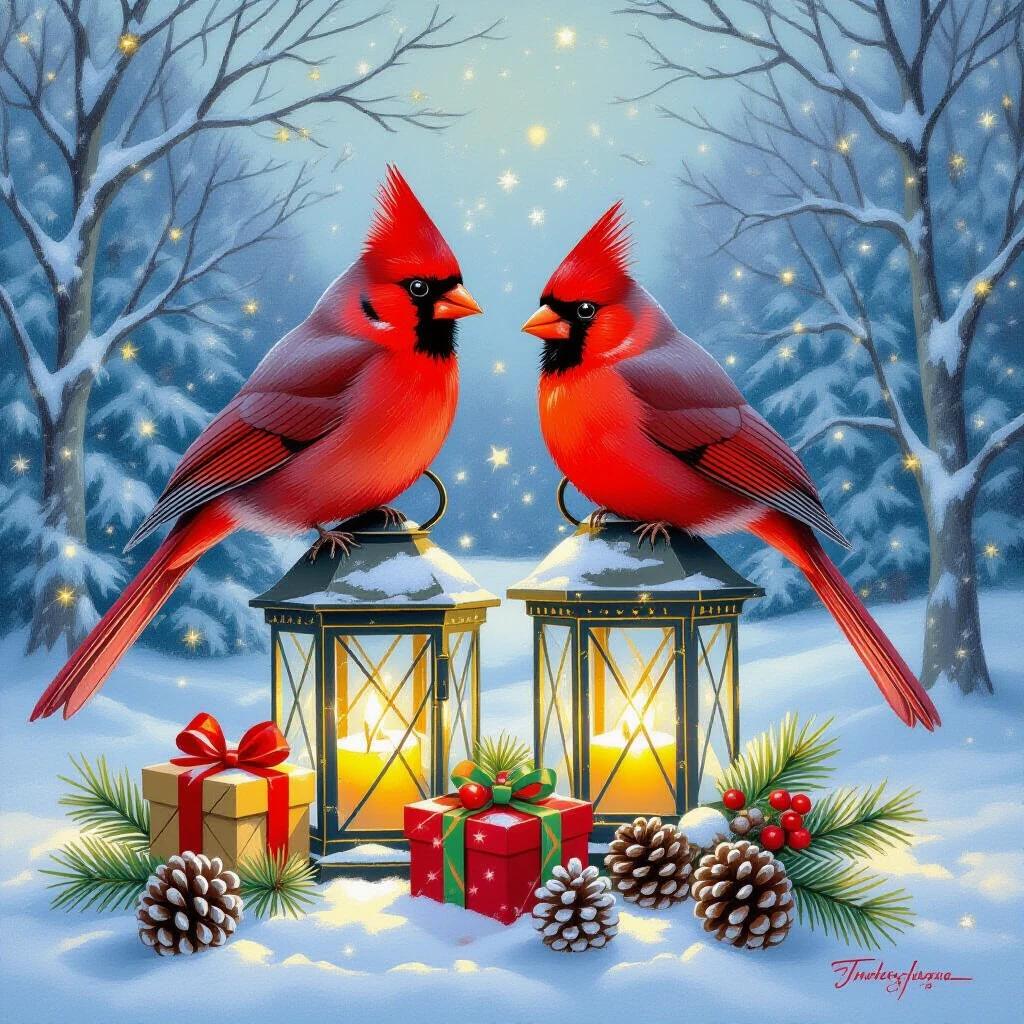 Two vibrant red cardinals sit on lanterns. Christmas gift boxes are placed nearby along with pine cones. A detailed winter scene is in the background. The colors are bright and cheerful creating a holiday vibe.
