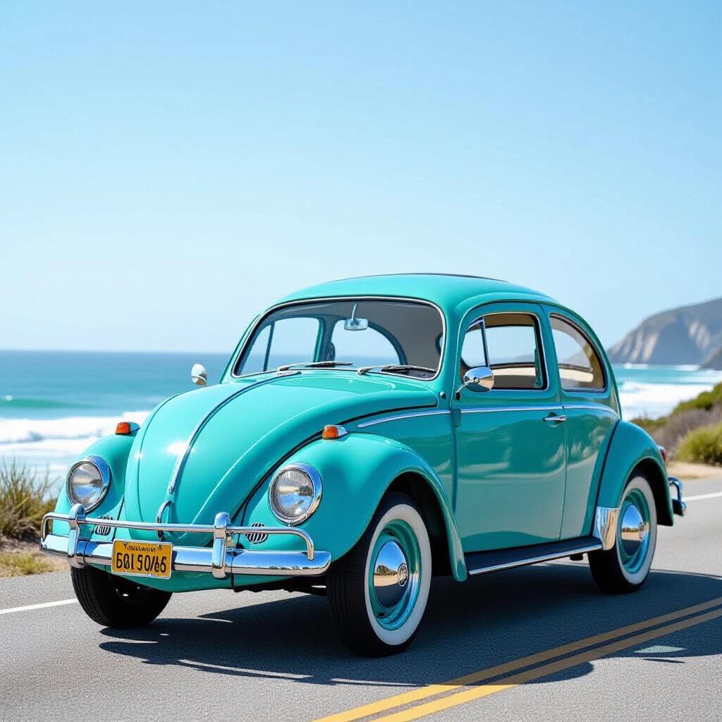 Ultra-sharp archival shot of a 1950s Volkswagen Beetle in custom turquoise paint. Car occupies 90% of the frame. Ocean waves crashing against cliffs in the background. The scene captures water droplets on the hood and vintage tire tread. Zeiss optical lens used for focus-stacked sharpness. Long exposure mist adds depth to the coastal view.
