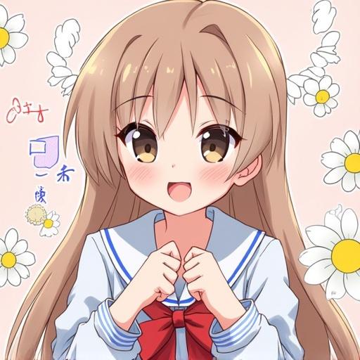 A cute anime girl with long brown hair smiling. Wearing a school uniform with a red bow. Hands clasped together, cheerful expression. Surrounded by daisies on a pastel pink background.