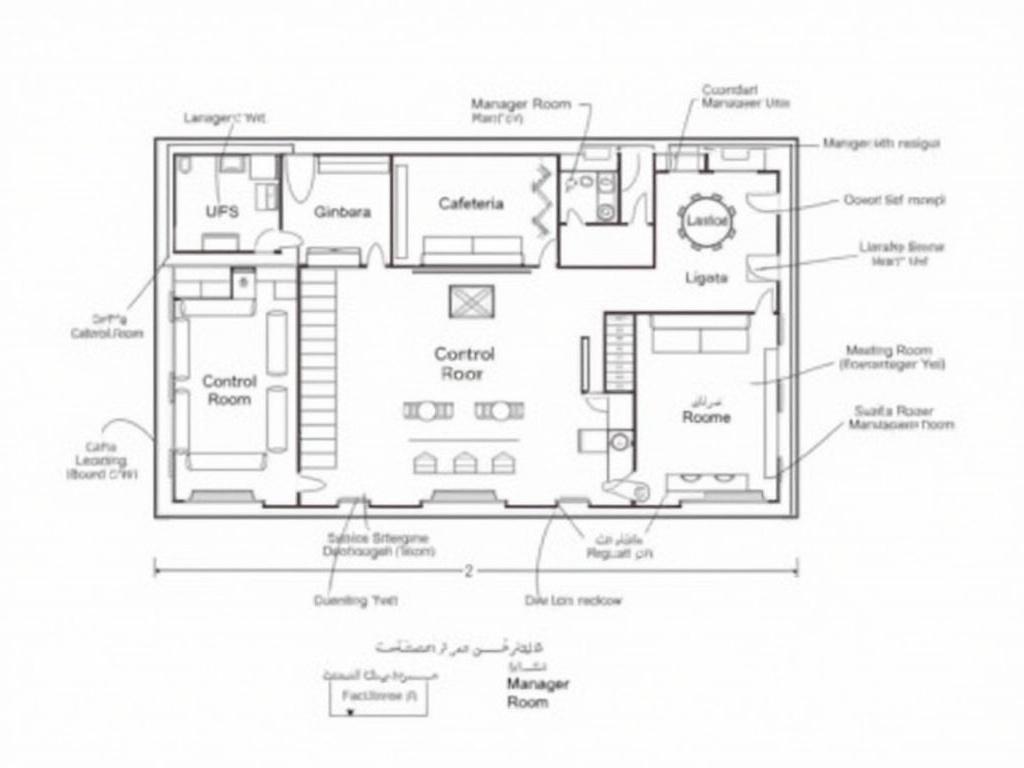 The image is a floor plan of an office layout showcasing various spaces. The main areas include a central 'VOID' with multiple surrounding rooms such as a 'Cafeteria', 'Control Room', 'Meeting Room', and 'Manager Room'. There's a clear corridor connecting these rooms, with stairs leading to another level. Facilities like WCs are positioned near the cafeteria and control room. There are several storage spaces scattered throughout, and the layout features rectangular furniture arrangements to optimize the working environment. The plan is outlined in crisp lines, with annotations in both Arabic and English, showcasing a structured and functional office design.