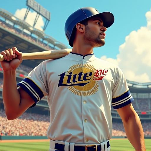 Illustration of a heroic baseball player mid-pose in a vibrant stadium. Player wears a bright white T-shirt with 'Lite' and 'Miller' logos. The shirt has a golden beer emblem with barley wreath details. The player holds a bat confidently under a radiant sky. Background features a high-energy crowd and bright field with rich colors.