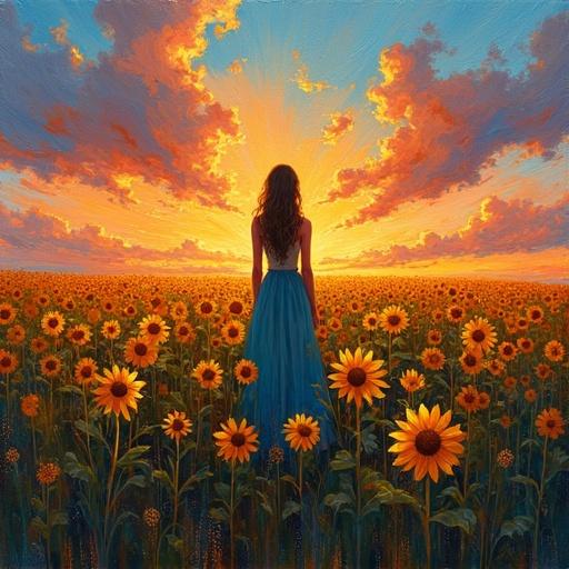 Woman stands in sunflower field under twilight sky. Bold brush strokes and vibrant textures create rich modern impressionism. Thick paint application resembles known artists. Colorful atmosphere.