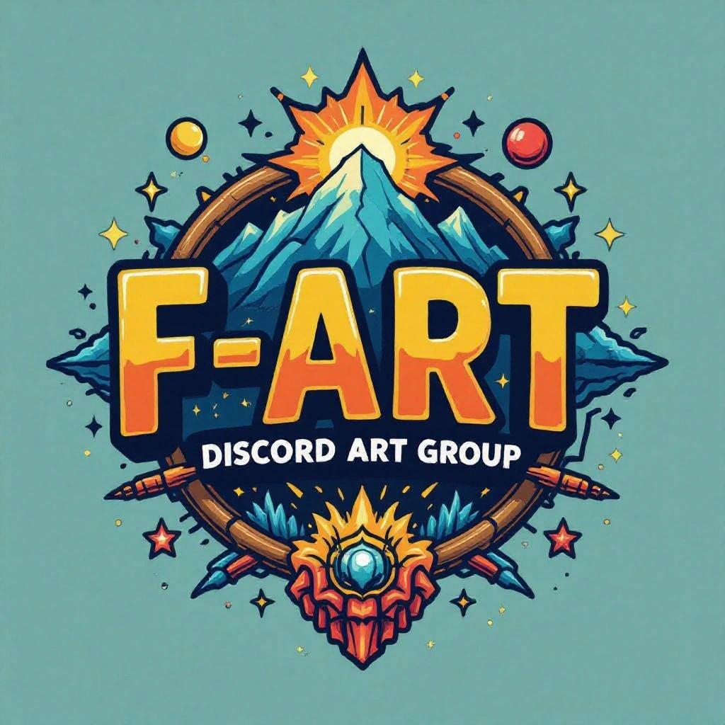 Logo design for Discord art group called F-Art. Features mountains, sun, and colorful elements. Focused on creativity and community. Art challenges based on word prompts.