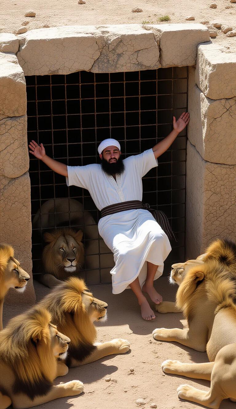 A Hebrew man sits calmly in a dark pit surrounded by lions. He is dramatically posed with arms open. Lions are close by. The scene reflects a sense of danger and tranquility. The environment appears ancient and stone-walled.