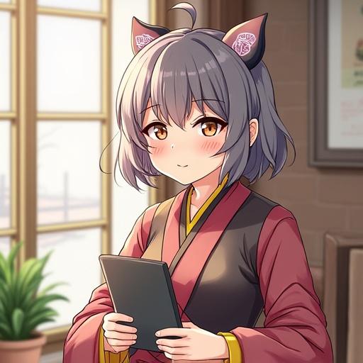 Young woman standing by the window with a smile. She has cat ears and is dressed in a traditional outfit. Holds a tablet while enjoying a bright and cheerful atmosphere.