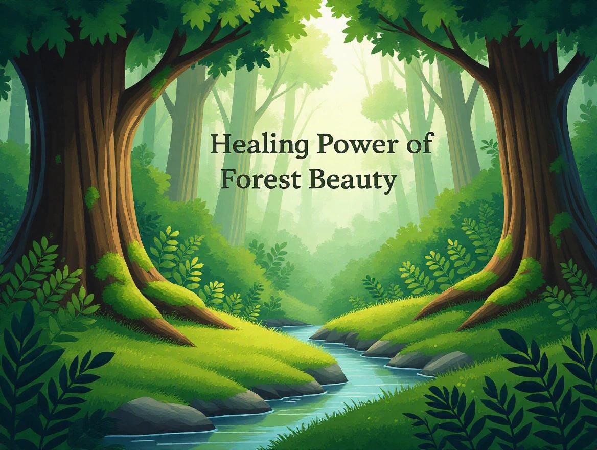 Vibrant forest landscape showcasing healing power of forest beauty with lush plants moss-covered trees gentle stream soft lighting high-quality artwork for calming backgrounds.
