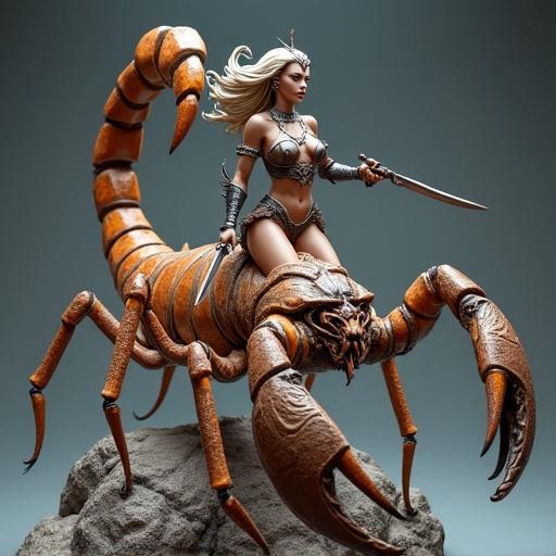 A lethal goddess riding a giant scorpion. She wears scorpion-inspired armor with claws on her shoulders and a stinger-shaped crown. Her long hair flows in the wind. She holds two crossed daggers in a serious attack mode. The colossal scorpion has long legs and a curving tail. The scene shows movement as she leaps onto her mount from the sky. The style is semi-realistic with a dark and cosmic aesthetic.
