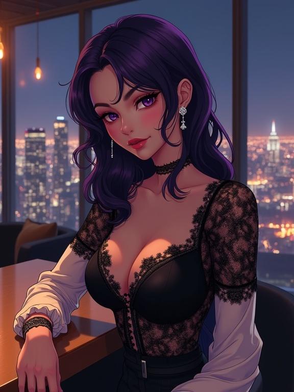 Beautiful woman with dark violet hair sits at a bar counter facing forward. She wears an elegant black lace and silk blouse. Soft sheer white sleeves add elegance. Her sharp facial features display calm mysterious gaze. Earrings sparkle in warm light. Arm rests casually on counter. Relaxed yet confident posture slightly leans forward. Behind her, luxurious high-rise lounge reveals stunning night cityscape. Skyscrapers illuminate with city lights and warm ambient lighting creates soft shadows. Semi-anime style blends realistic detail with smooth shading.