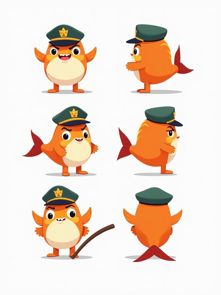 Cartoon fish character in a military uniform. The fish wears a commander hat and has various poses. Character displays a serious expression standing confidently. Colorful and playful design appealing to children.