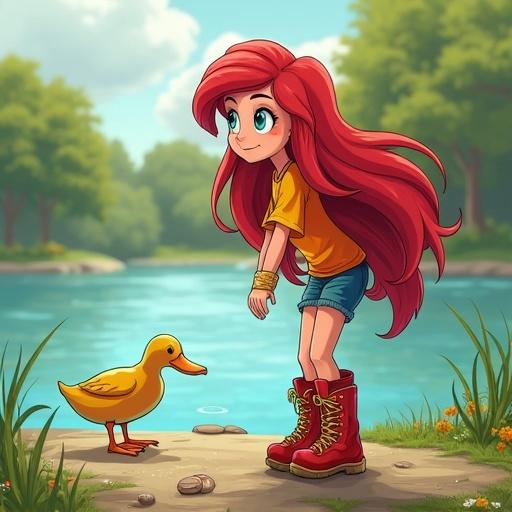 A human girl with long red and yellow hair leans towards a duck by a lake. She wears a red and yellow shirt, blue denim shorts, and shiny red mid-calf hiking boots with yellow laces. The setting is vibrant with green trees and a serene lake.