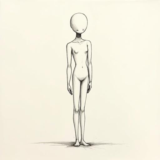 Minimalist humanoid figure stands upright. Smooth anatomy with no gender traits. Featureless face and abstract body. Monochrome sketch with delicate ink lines. Textured paper for depth. Serene mood inspired by Asian brushwork.