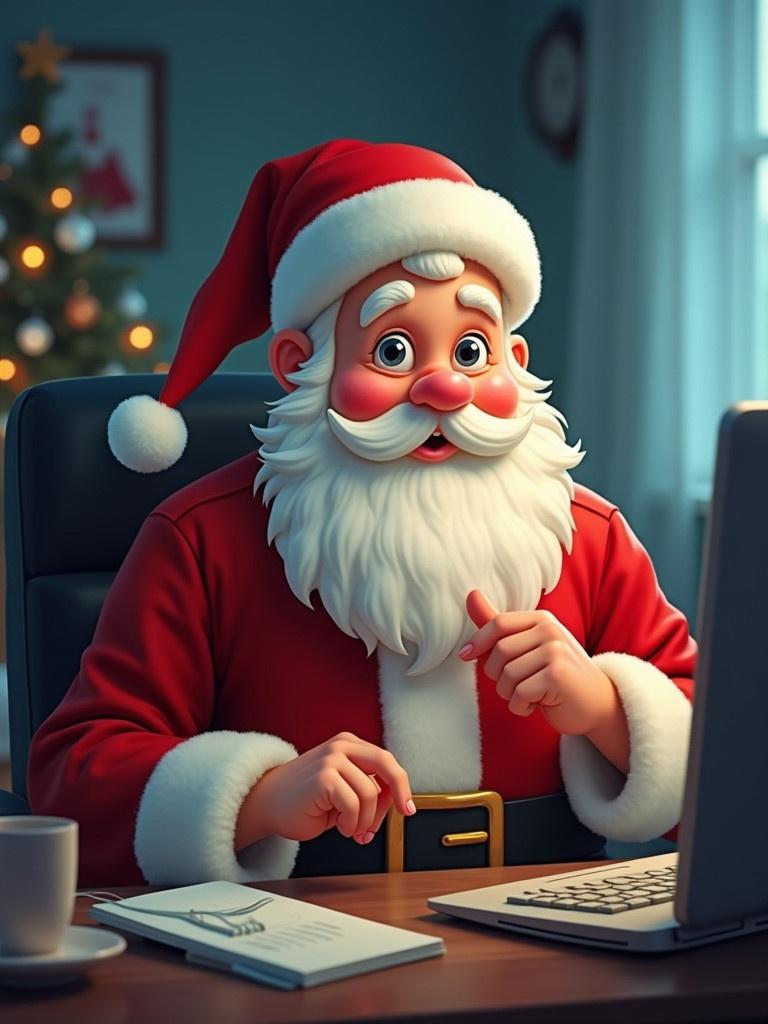 Santa Claus sitting at a desk with a computer. He is thinking about what gifts to bring. Cozy Christmas atmosphere with a warm light. The figure is dressed in a traditional red and white suit with a fluffy beard. A festive background features a Christmas tree.