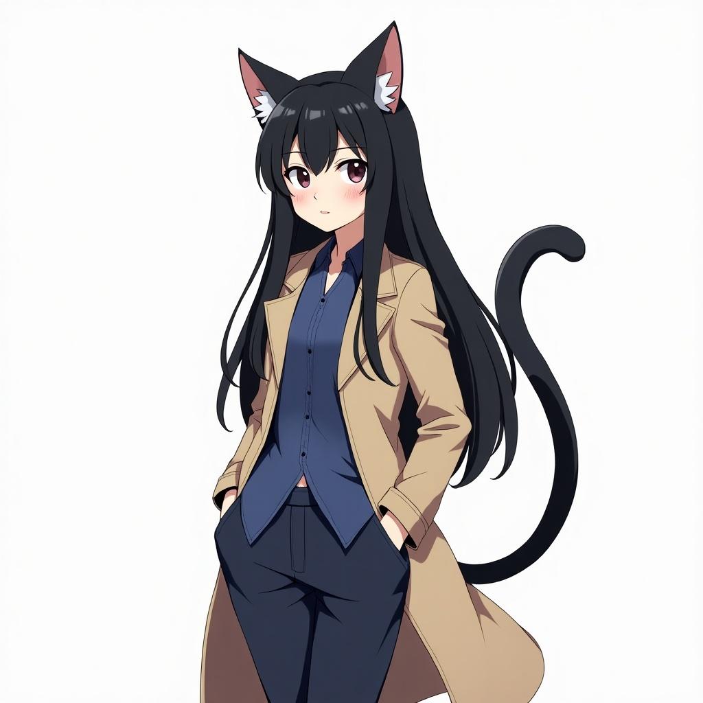 A cat girl character in anime style with long black hair. She wears a beige trench coat over a blue shirt and black pants. The character has cat ears and a tail.