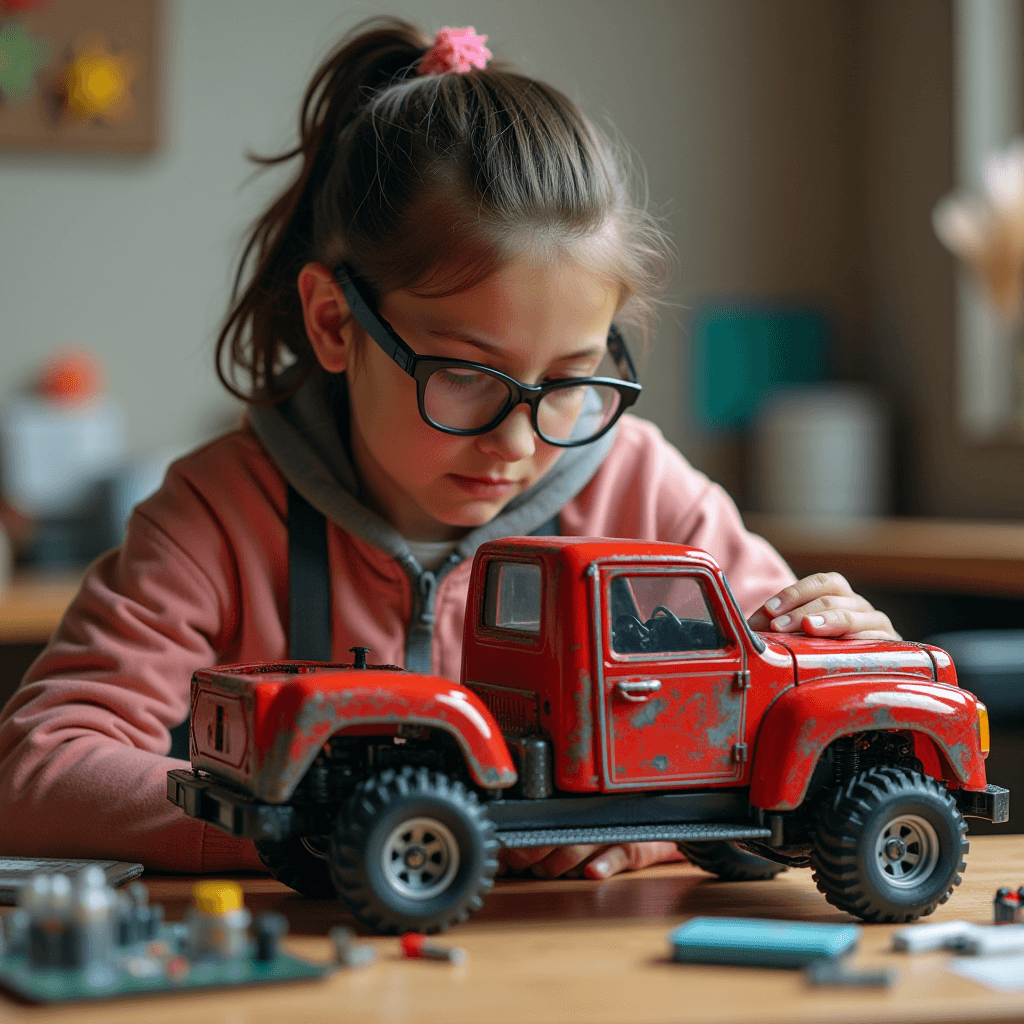 A young girl intently examines a toy red truck with a focus on details.