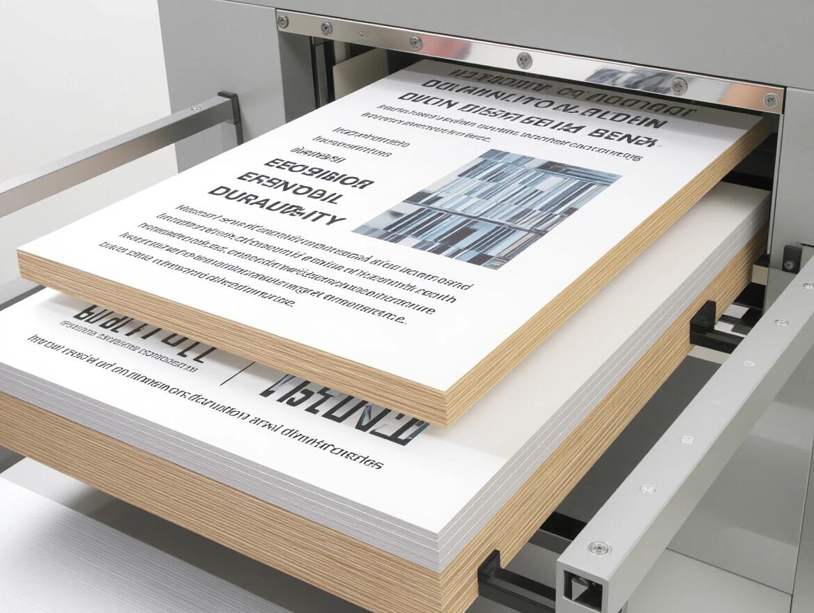 Image showcases high-quality compact boards exiting a modern printing press. The boards are specifically designed for outdoor use, demonstrating exceptional durability. The process involves resin-impregnated paper layers pressed under high pressure and temperature. Image captures the industrial setting and modern technology used in manufacturing.