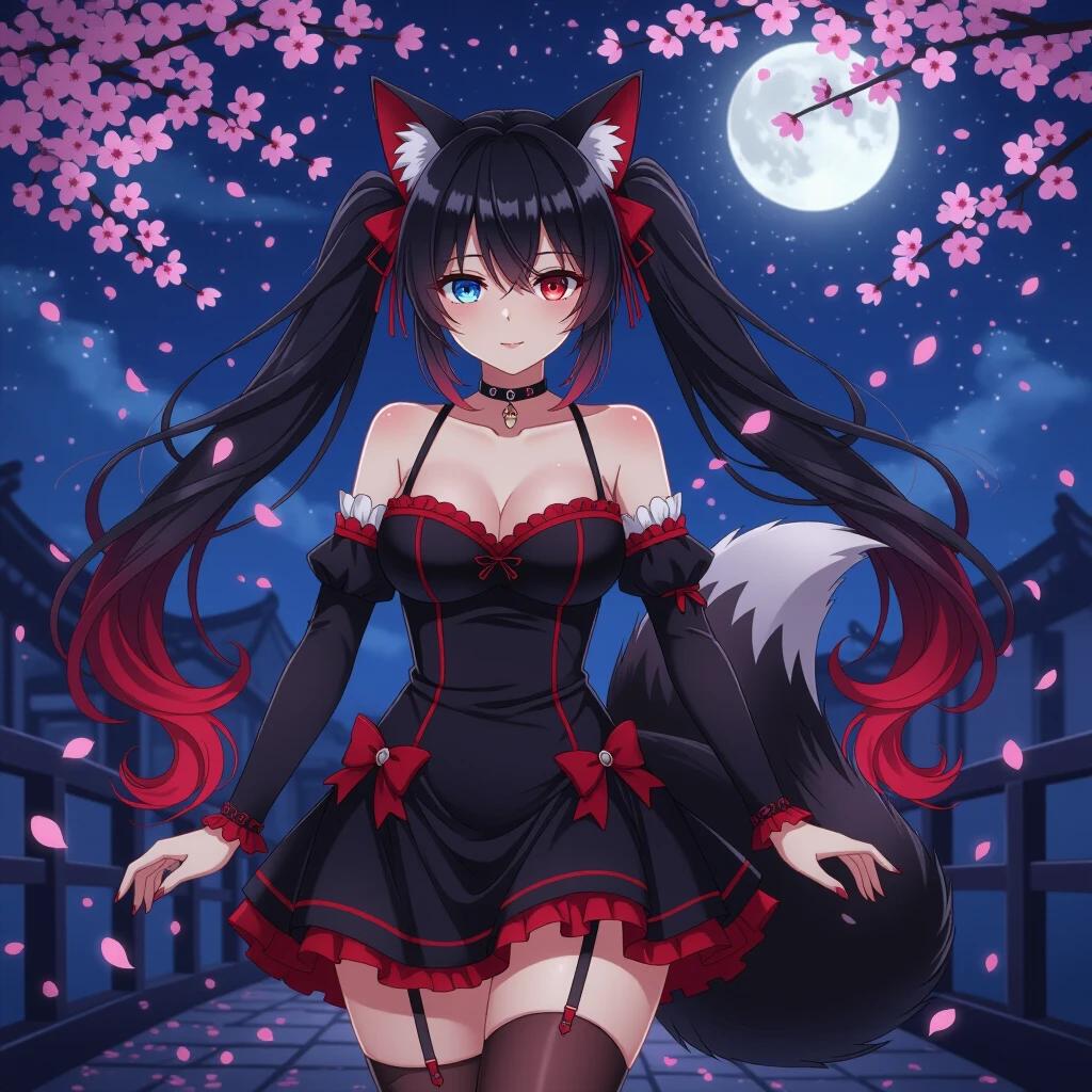 Anime-style character wearing a black and red mini dress. Long black twin tails with red and white accents. Heterochromatic eyes glowing one blue and one red. Fluffy fox tail with red tip. Scene is under a night sky. Soft moonlight with cherry blossoms falling around. Dreamy and mysterious atmosphere.