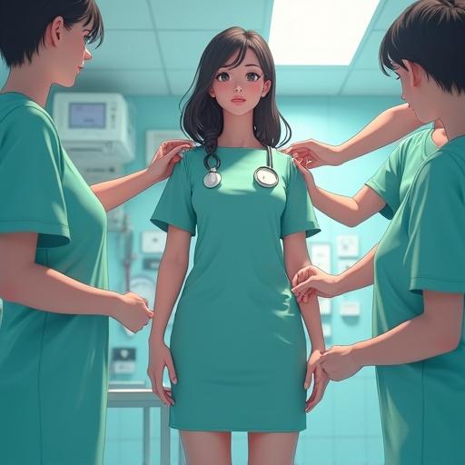 Feminine woman dressed in a hospital gown. Multiple hands inspect her clothing. She has an hourglass shape. Stylized body representation. Anime art using octane render and HDR features.