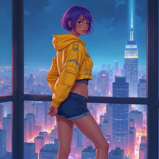 Highly detailed digital watercolor art. Young woman with short violet hair. Elegant hairstyle and slim muscular build. Light-reflective yellow crop cargo jacket and sport shorts. High platform sneakers and knee socks. Stands gracefully with legs crossed. Hands behind back and mysterious smile. Wall-sized window displaying night city skyline. Neon lights and light beams pierce the clouds.