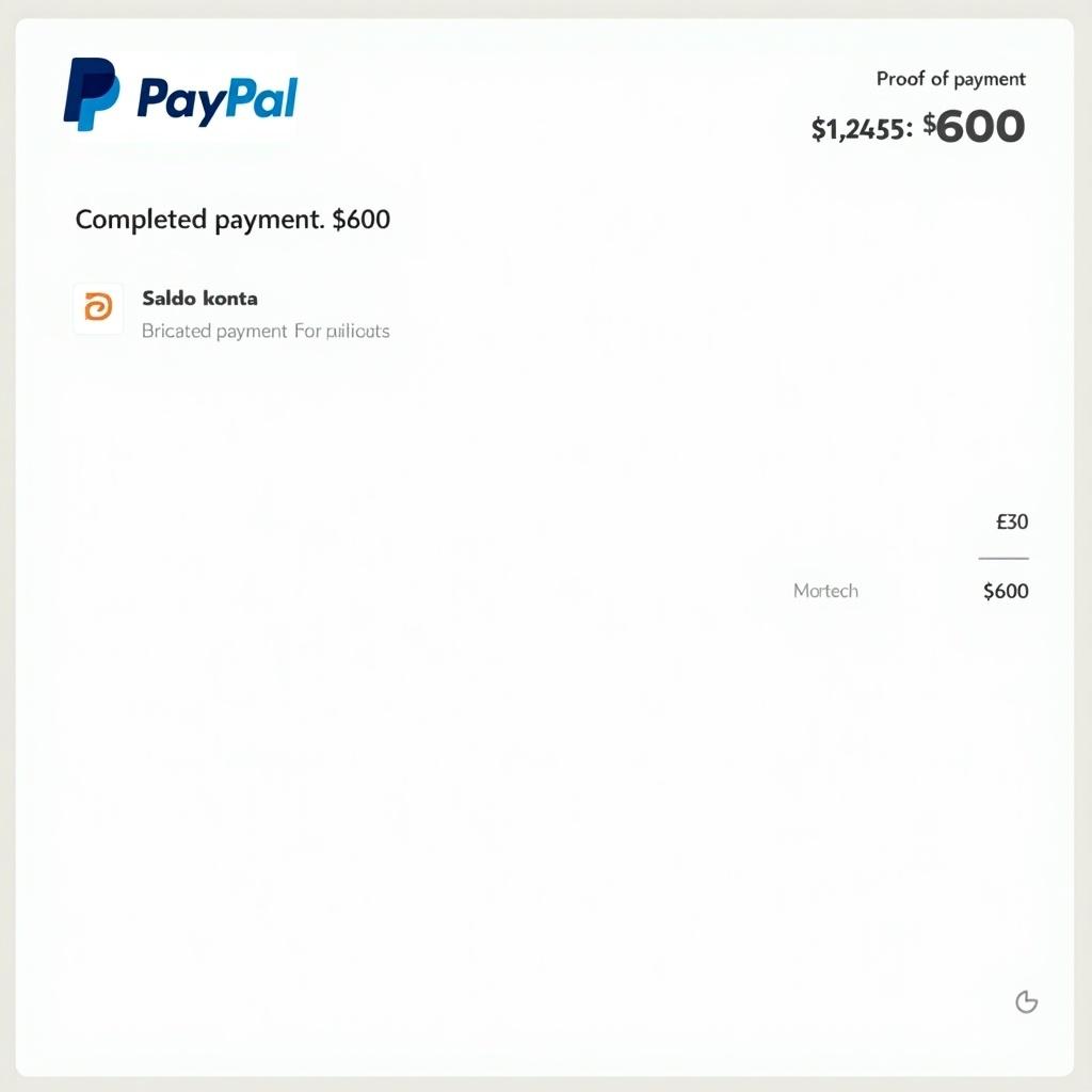 Payment proof document from PayPal showing payment details. PayPal branding featured clearly. Transaction amount displayed prominently.