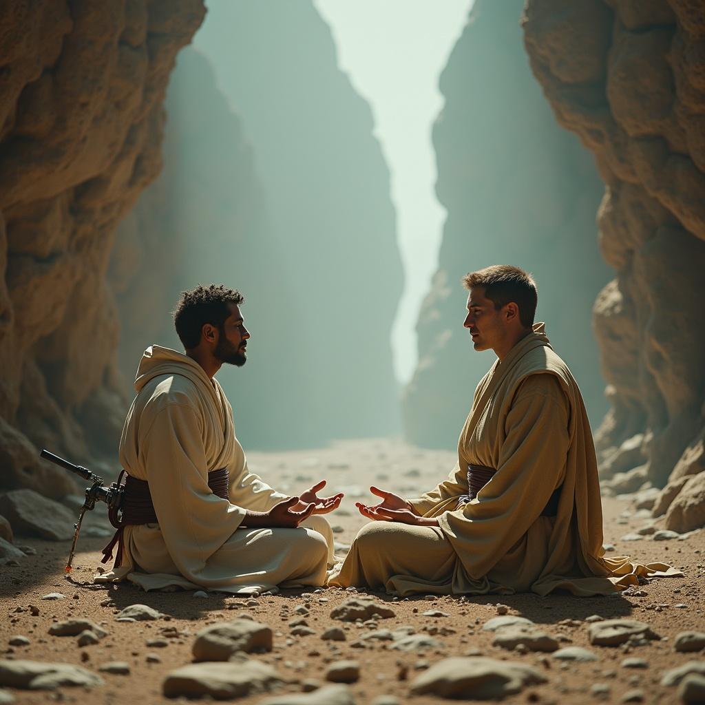 Two Jedi characters are meditating in a canyon. A small droid named BD-1 accompanies them. The scene is peaceful and serene with natural lighting illuminating the backdrop.