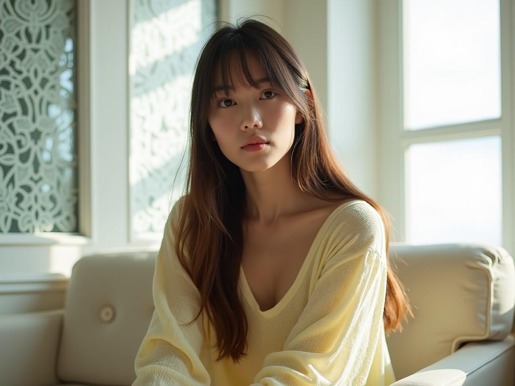 A young woman is sitting in a softly lit room, bathed in natural daylight streaming through large windows. She has long, straight hair with bangs, and her expression is calm and relaxed. The room features white walls and decorative glass panels, adding a refined touch to the setting. The woman is wearing a light yellow top with texture, which complements the bright and airy atmosphere. The overall mood of the image is serene and peaceful, reflecting a moment of quiet contemplation.