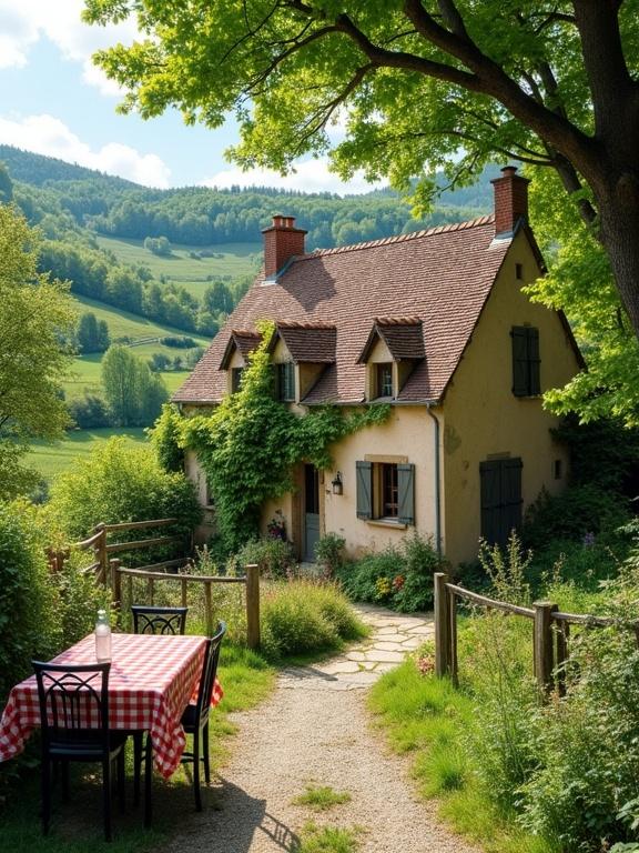 Charming rustic cottage in lush green countryside setting. Small cottage built from light-colored stone. Steep pitched roof with weathered tiles. Brick chimney and small windows with shutters. Climbing vines cover walls. Surrounded by vibrant green landscape with rolling hills and mature trees. Stone pathway leads to garden with flowers. Outdoor dining area has checkered tablecloth and dark chairs. A sense of tranquility and charm.