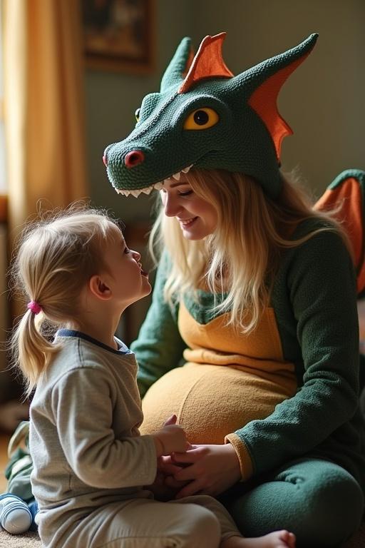 A mother dressed as a green dragon playfully interacts with her daughter. The costume features a large belly. Another child pretends to be eaten by the dragon. The scene feels warm and humorous. A tween holds a big pacifier.