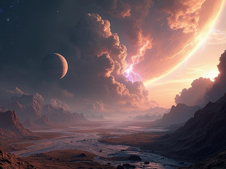 A hyper-realistic cosmic landscape features an alien planet experiencing violent extreme weather. Towering electrical storms dominate, including photorealistic lightning bolts arcing through turbulent clouds. Hurricane systems are visible from space above planet oceans. Rocky plains and distant sandstorms create a windswept terrain. Ice formations glisten near poles under a nearby star partially obscured by fast-moving clouds. The moons and gas giants are accurately scaled, showing gravitational distortions in ring systems. The scene displays believable atmospheric scattering and light diffusion, showcasing textures of wind-eroded rock. Balanced color grading, cinematic depth of field. Appears captured by advanced interstellar weather probe. Ultra-detailed, 16K resolution, masterpiece, trending on ArtStation.