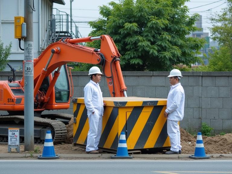 Photograph features two construction workers standing next to a yellow and black striped construction box. Workers wear white hard hats and coveralls. An orange excavator is visible, surrounded by blue and white traffic cones. The background has a concrete block wall and a small white building. Green plants and trees are in the scene. The sky is overcast and it is daytime. It represents a busy urban construction site with safety protocols in place.