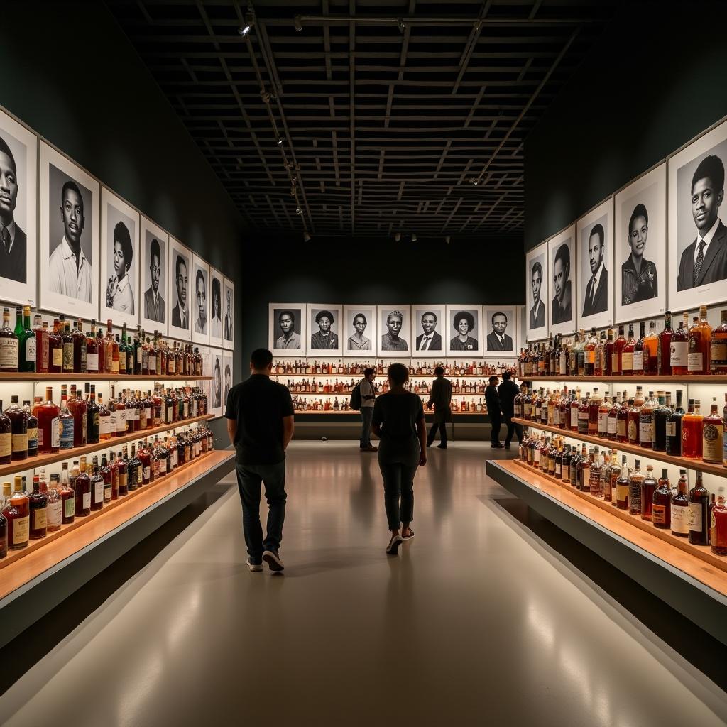 Museum room displaying vintage spirit bottles on wooden shelves. Gallery features floor-to-ceiling black and white photographs of African American graduates. Visitors walk through the elegant exhibit engaging with imagery. Soft lighting creates a warm atmosphere. Modern design complements the cultural and historical art.