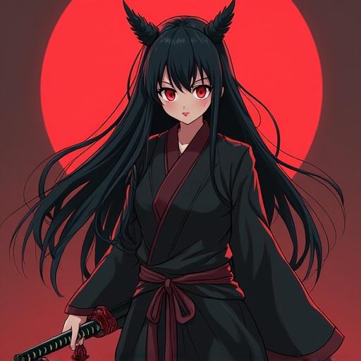 Anime girl with long black hair red eyes holding a katana with indifferent determined expression walking towards camera prepared to slash