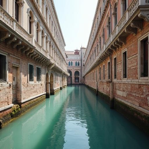 A pristine canal in Venice reveals an immaculate underground world. Piles and basements are visible, smooth. Concrete walls are clean, precise. Architecture is layered, geometric, surreal. Bright lighting captures high-definition textures. Historic buildings create contrast.