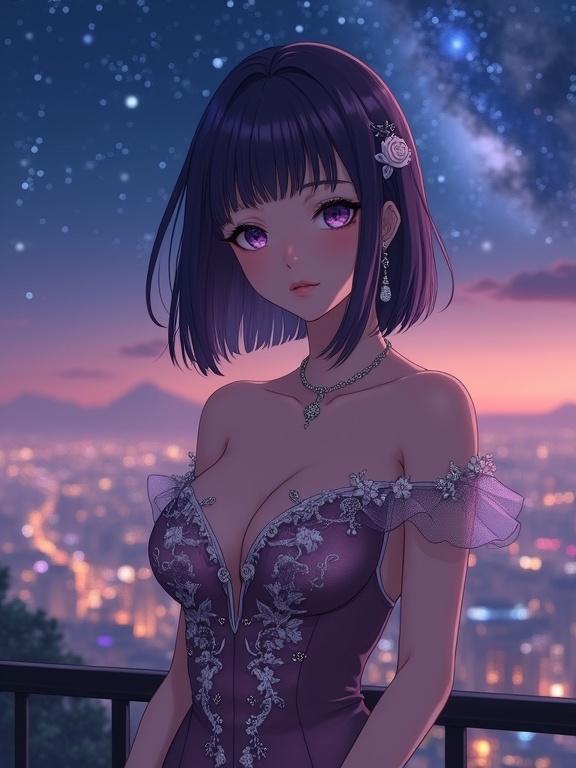 An elegant anime lady with violet hair facing the viewer. Calm and intelligent expression. Wearing a luxurious off-shoulder evening gown. The gown features intricate floral embroidery. She stands in front of a scenic nighttime overlook. Background has a starry sky and city lights.