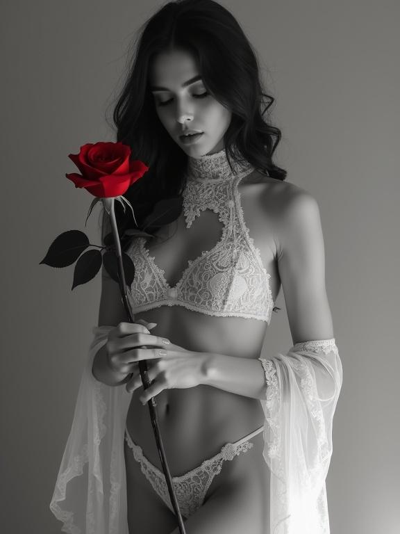 A woman with porcelain skin dressed in lace holds a red rose. She gazes downward against a soft gradient background. The style is high-contrast black and white with deep shadows and highlights.