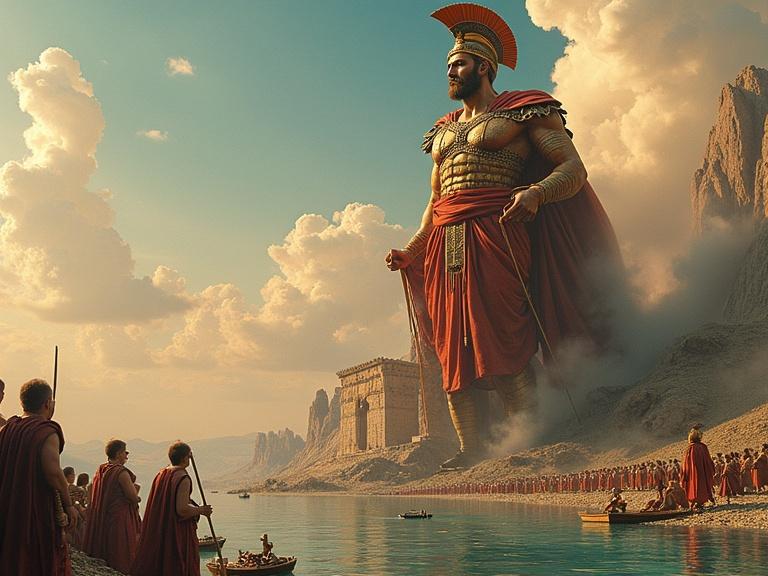 A 3D and mixed-media art piece depicting the Colossus of Rhodes movie scene. The giant statue stands over the water surrounded by ancient warriors and boats. Background features mountains and clouds in a dramatic light.