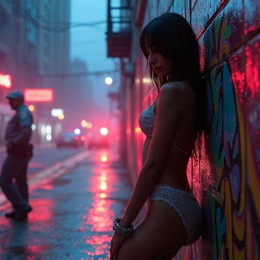 In a neon-lit urban setting, a figure in sequined attire poses against a graffiti backdrop. A police officer's flashlight breaks through the fog, illuminating her lace underwear. One hand grips a condom wrapper, the other clutches her chest while showcasing a tear in her blouse. The scene captures vulnerability alongside defiance. Cigarette glow reflects nearby, sirens wail in the background, heightening tension. Streetlight flickers above, contributing to the city's pulse and the atmosphere of imminent discovery. The composition hints at performance versus reality in a gritty urban landscape.