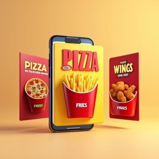 Design modern smartphone tilted back on warm beige background. Three floating Instagram-style food posters in front. Left poster shows pizza in red cup with 'PIZZA' text and discount sticker. Middle poster displays fries in red container with bold 'FRIES' text. Right poster shows fried wings in red cup with bold 'WINGS' text and discount label. Include realistic lighting, shadows, and Instagram UI in background. Clean, eye-catching, dynamic design.